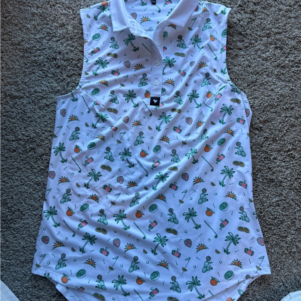 Sleeveless White Tropical Print Polo Top